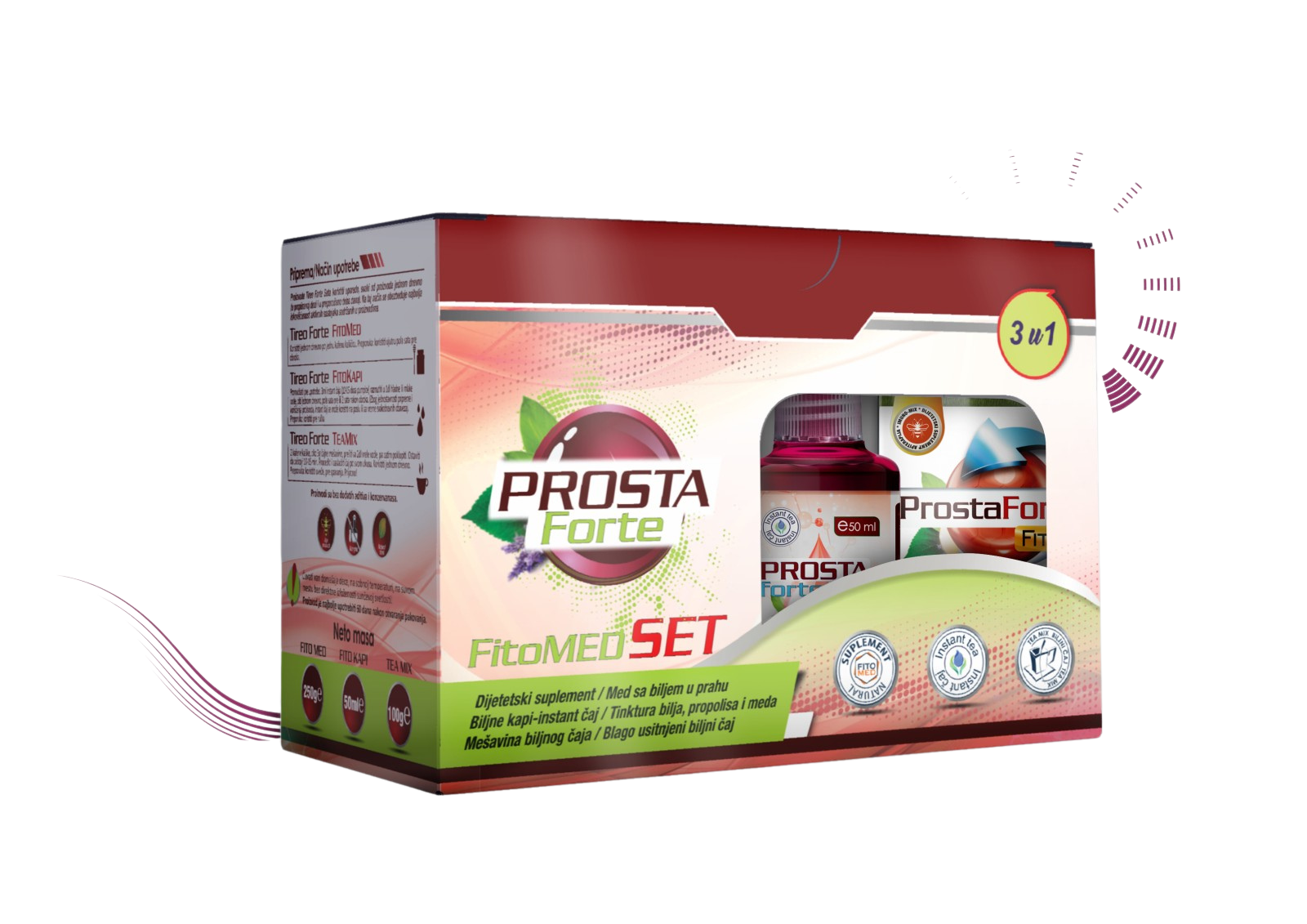 ProstaForte FitoMed Set proizvoda na bazi pčelinjih proizvoda i lekovitog bilja, sa blagotvornim delovanjem na narmalizaciju funkcionisanja prostate. ProstaForte FitoMed suplement, med sa biljem u prahu – 250g ProstaForte Kapi, tinktura meda, propolisa i lekovitog bilja – 50ml Prosta TeaMix, blago usitnjena mešavina biljnog čaja – 100g Lekoviti i hranljivi nutritijenti sadržani u proizvodima ProstaForte seta ispoljavaju umirujuće delovanje na upalne procese uzročnike oboljenja prostate i preveniraju hronična oboljenja prostate.